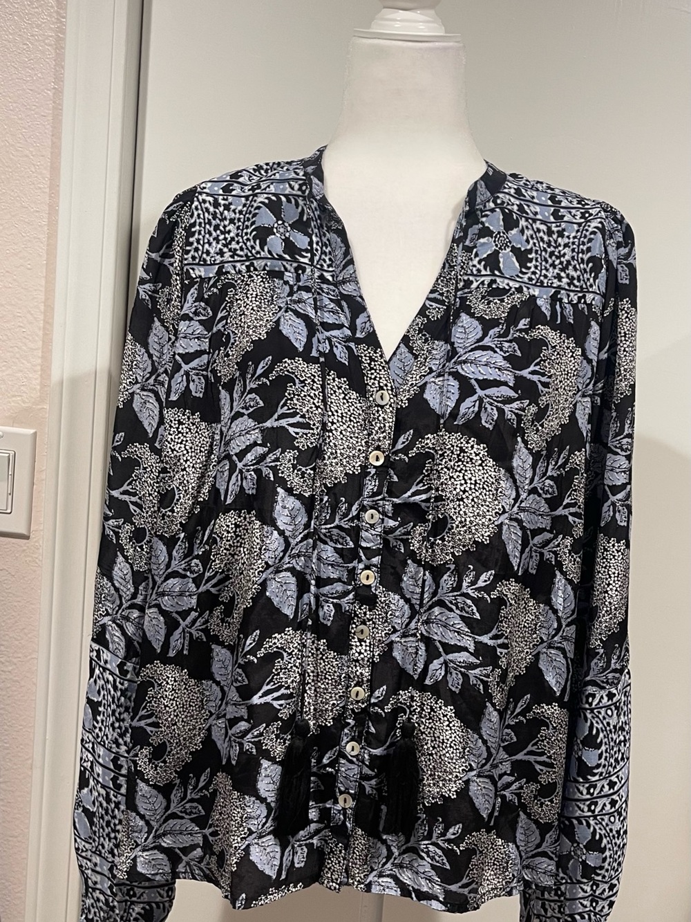 Elan Black Button-Down Shirt with Pale Blue Floral Print